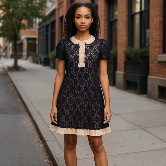 Twelve by Twelve Dresses & Skirts - VTG Twelve by Twelve Navy Blue Lace Short-sleeved Mini Dress with Cream Accents.